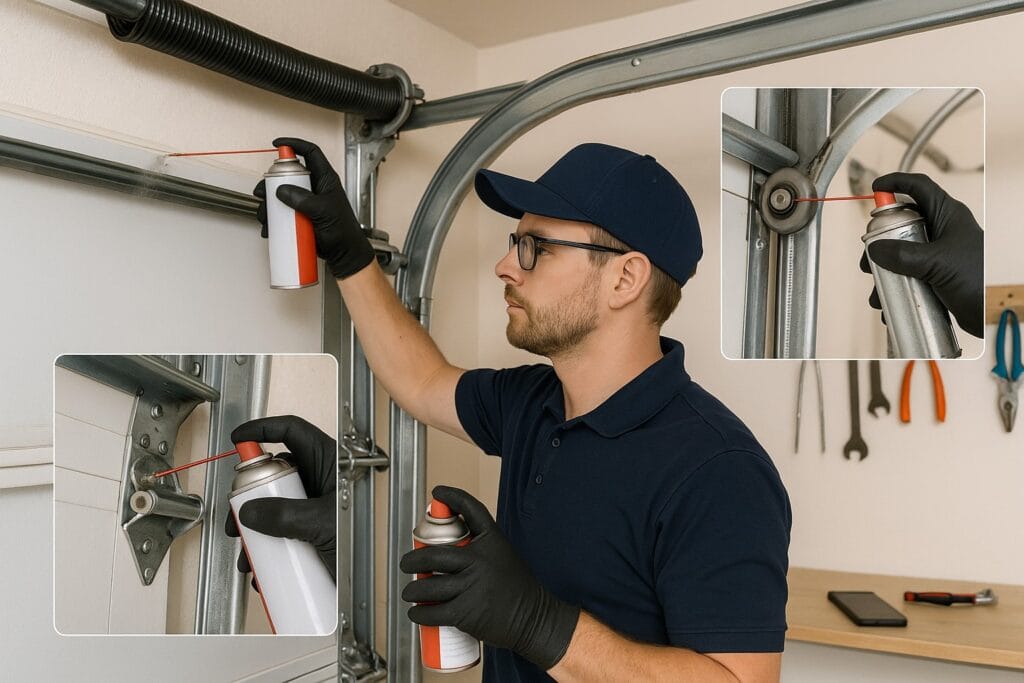 Technician lubricating garage door parts with silicone spray for maintenance and smooth operation.