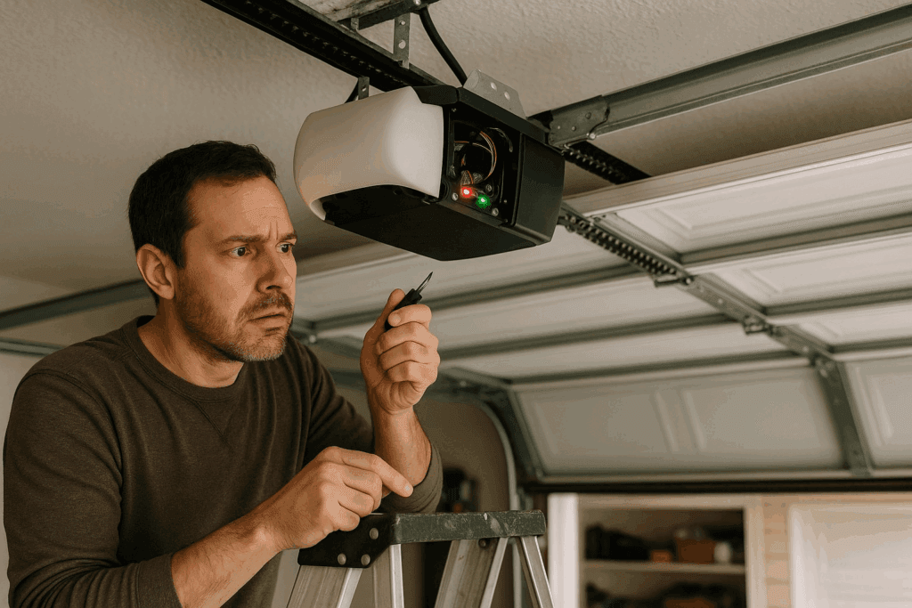 Man troubleshooting a faulty garage door opener with screwdriver, showing need for garage door repairs.