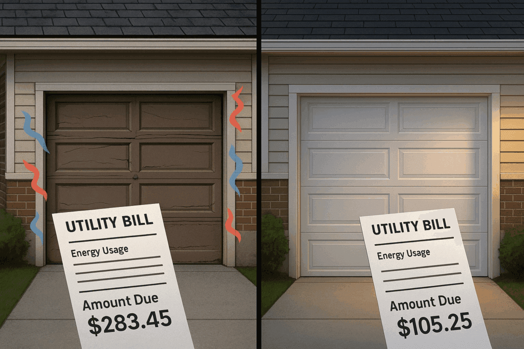 Side-by-side comparison showing repair garage door upgrade reducing energy bills with improved insulation and efficiency.