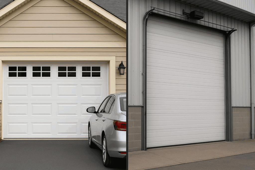 Comparison of residential and industrial entrances highlighting commercial garage door repair needs.