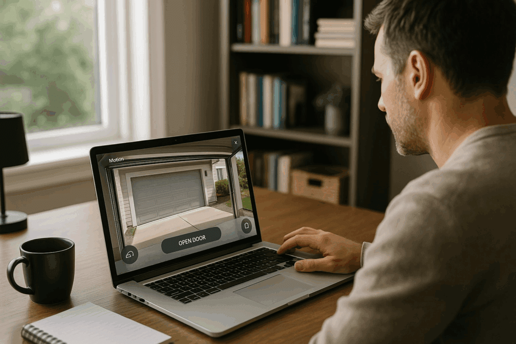 Man using laptop to control modern garage doors through smart home system.