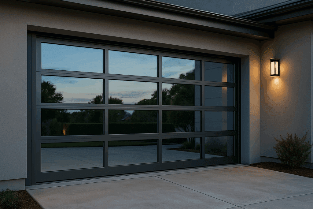 Contemporary home exterior featuring sleek glass panel modern garage doors at dusk.