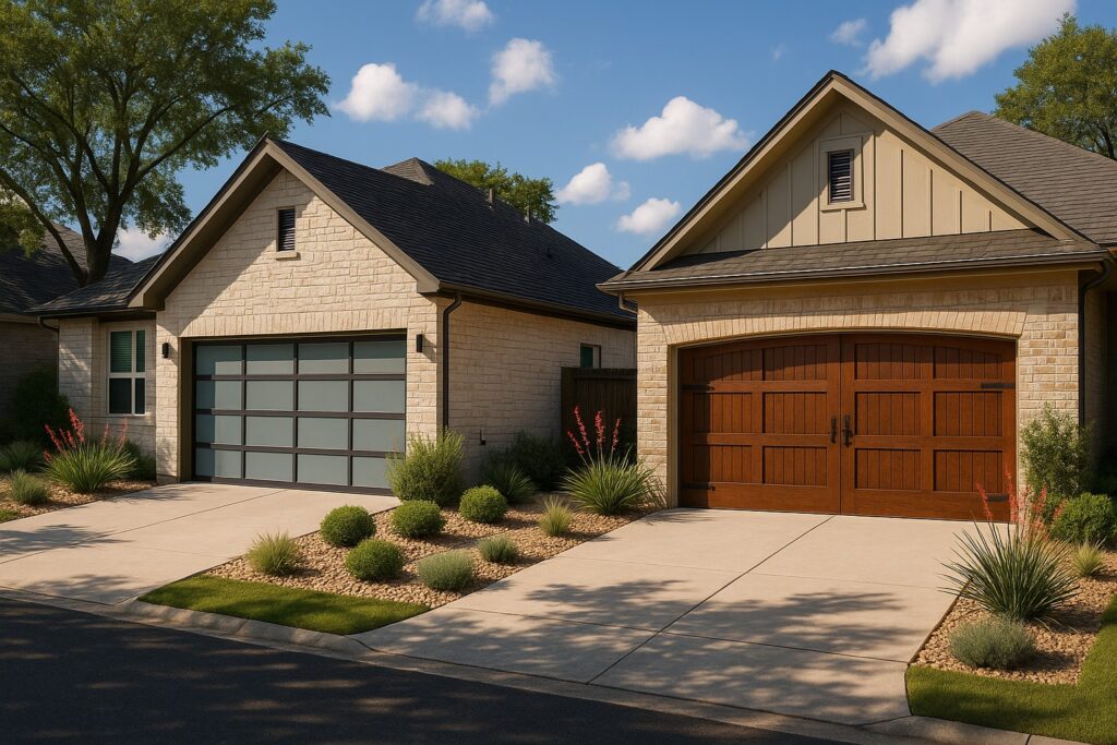 Modern and traditional residential garages shown after a professional garage door tune-up, highlighting well-maintained doors that enhance curb appeal and smooth functionality.