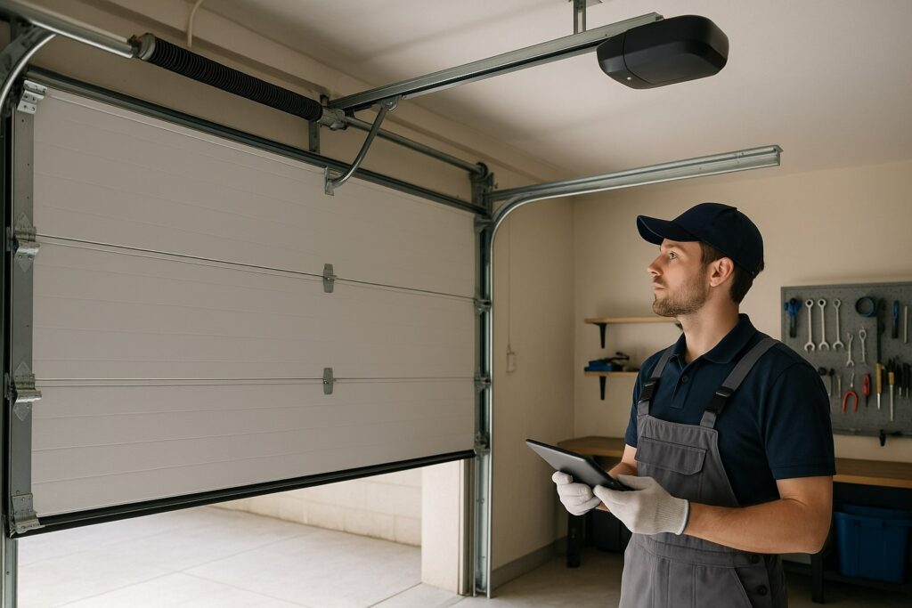 Technician conducting a garage door tune-up and inspecting the door opener system with a digital tablet to ensure smooth operation and proper alignment of components.