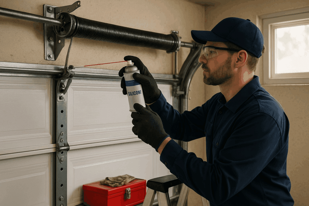 Technician performing garage door maintenance by lubricating torsion springs and hinges with silicone spray for smooth operation.