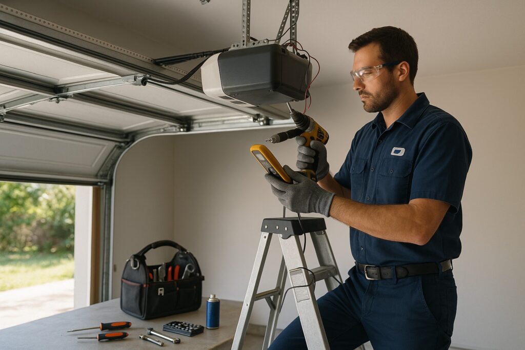 Garage door repair technician installing a garage door opener with power tools.