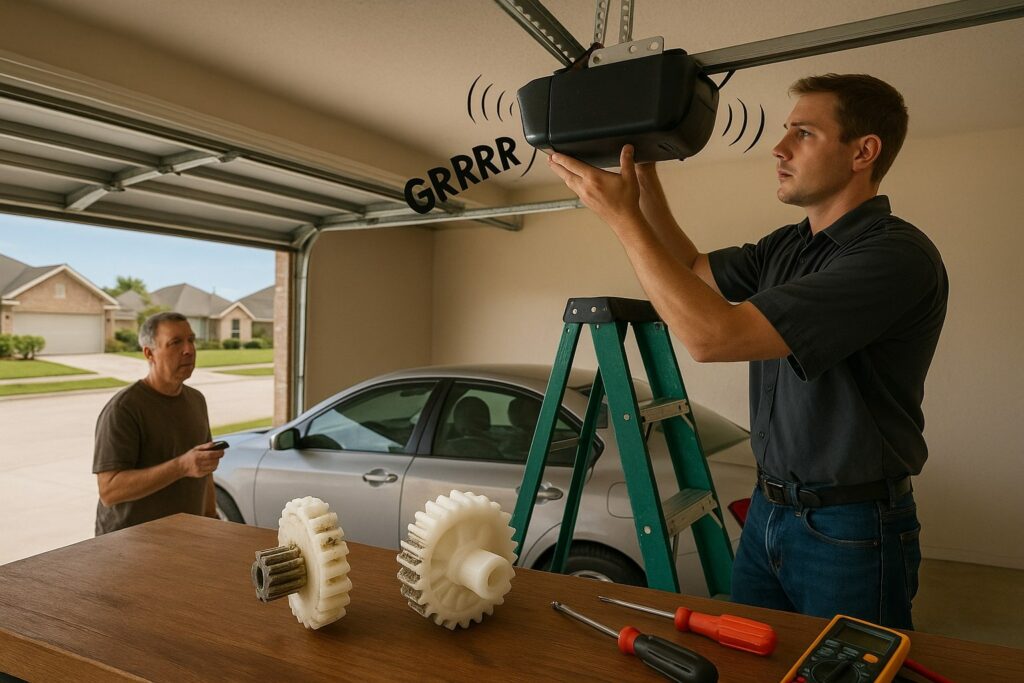 Technician inspecting a noisy motor during a garage door opener repair, diagnosing malfunctioning gears and motor components.