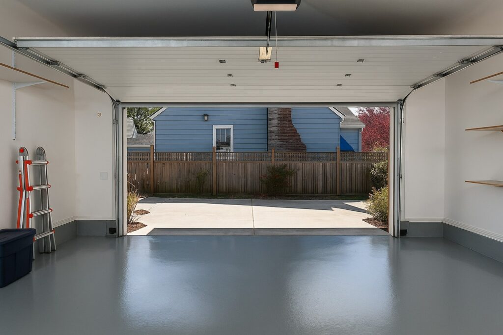 Garage door repair view of an open garage door from inside a clean garage.