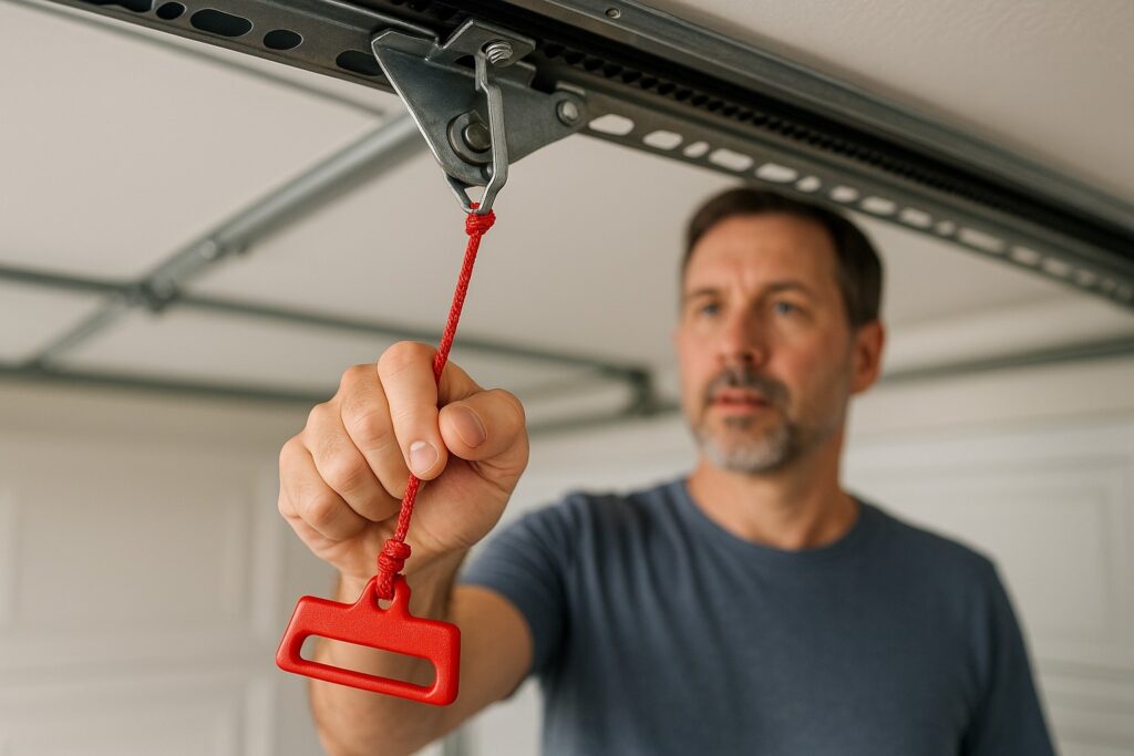 Garage door troubleshooting: man pulling the red emergency release cord on an overhead garage door track.